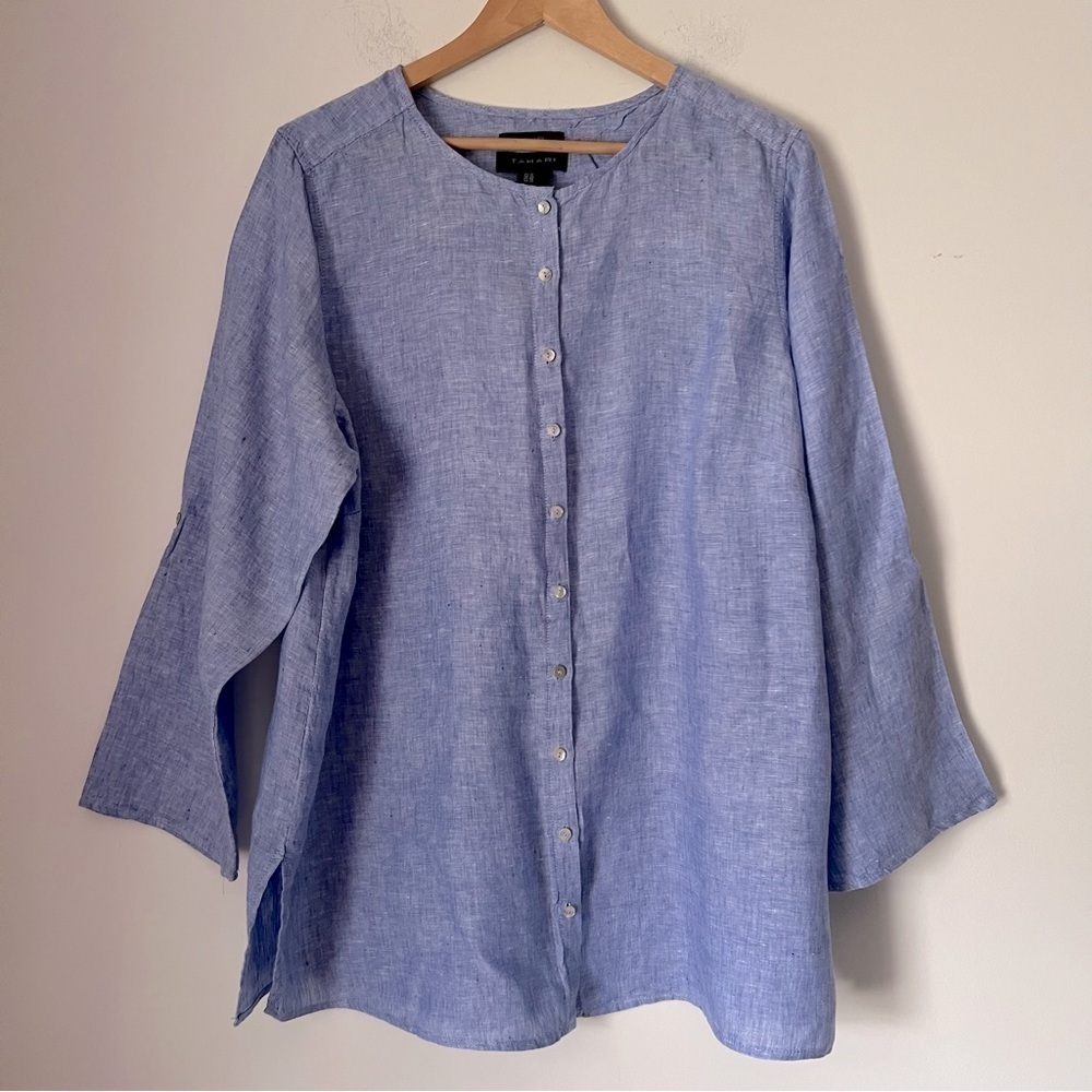 Tahari 100% Linen Blue Round Neck Button Up Shirt Contemporary Preppy Coastal